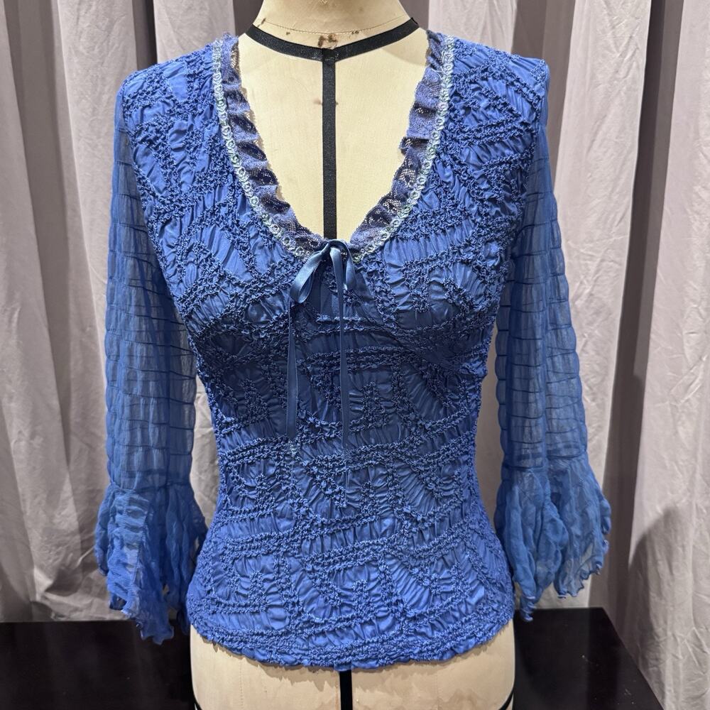 Ann Ferriday Rare VTG Stock Silk Embroidered Pucker , Mesh, Lace Top S